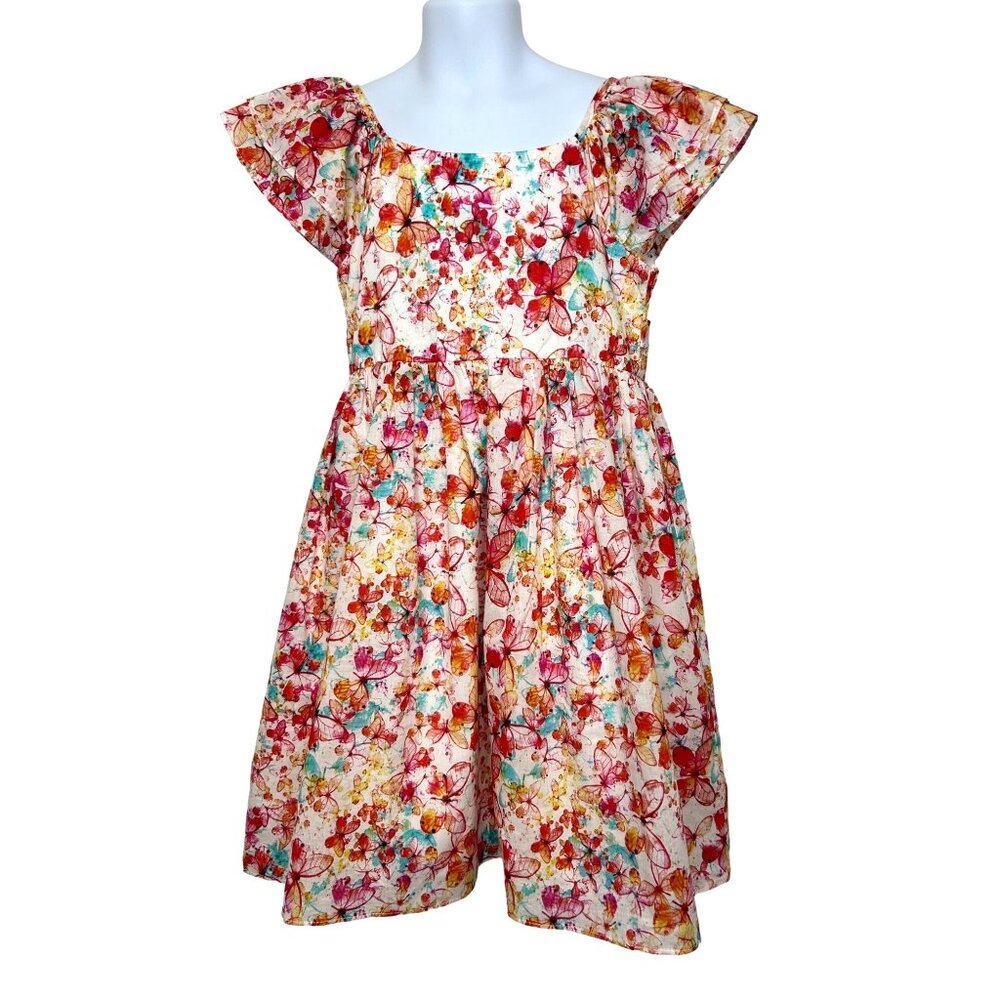 Pastourelle NYC Girls’ Dress 6 Butterfly Print Fit Flare Ruffle Cap Sleeve Ties